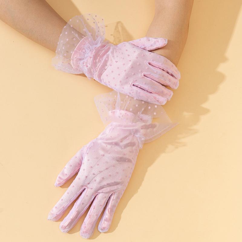 Mode Punkt Elastische Spitze Handschuhe Etikette Geburtstagsparty Tanzkleid Handschuhe Kurz Braut Hochzeit Rosa Netz Handschuhe