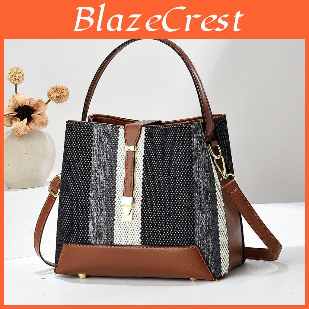 Pu Water Bucket Bag With Multilayer Weaving And Color Block Design For Daily Casual Use