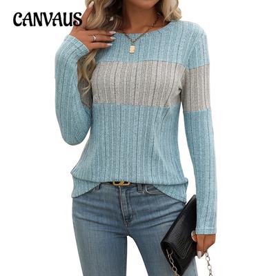 Top Casual Feminino de Primavera e Outono com Bloco de Cores e Listras Pit de Manga Comprida