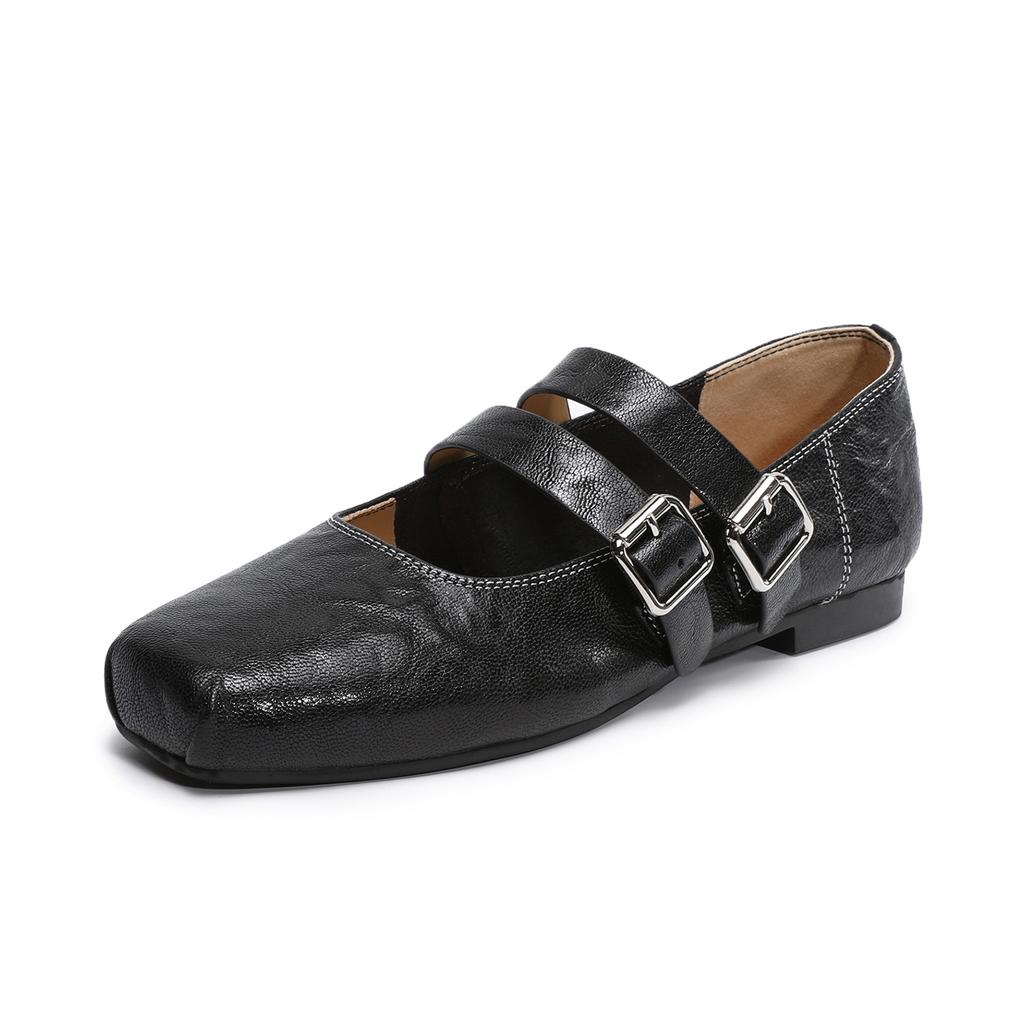 Square head leather Mary Jane women's shoes 2026 spring new belt buckle shallow mouth single shoes flat bottom small leather shoes