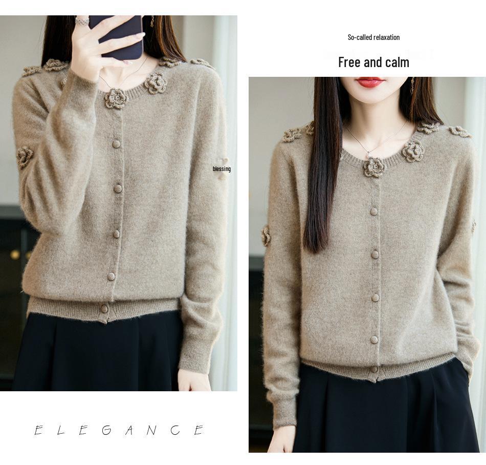Women's 100% Pure Wool Crochet Cardigan: Round Neck, Rose Flower Design, Loose Knit Sweater Top.