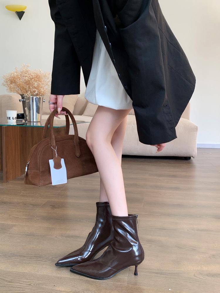 

Boots Women s Fleece Skinny Boots Thin Heel High Heel Pointed Head Temperament Soft Leather Back Zipper Short Boots 40 темно-коричневого кольору