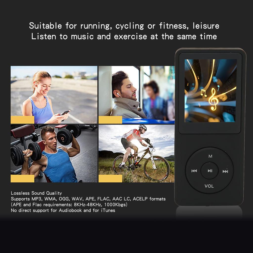 MP3-Player, 8 GB Tragbarer MP3/MP4-Player mit FM-Radio, Diktiergerät, E-Book, HiFi Lossless Sound, 30 Stunden Wiedergabezeit (Schwarz)
