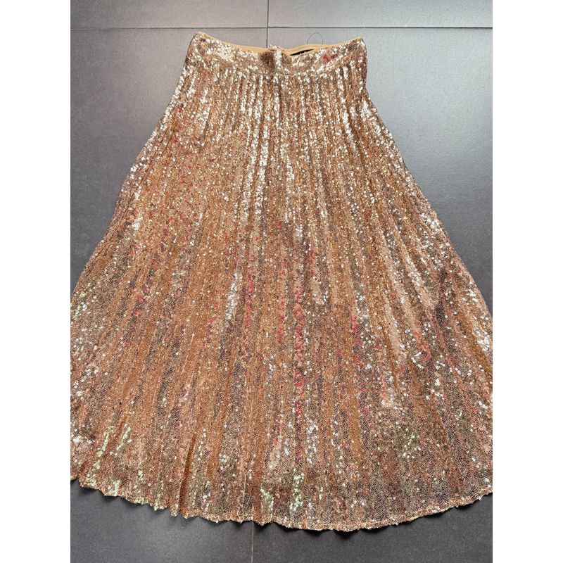 Foreign Trade Order Lulus Gold Sequined A Word Hem Pleat Pleated Skirt Temperament Heavy Industry Skirt Sequined Skirt