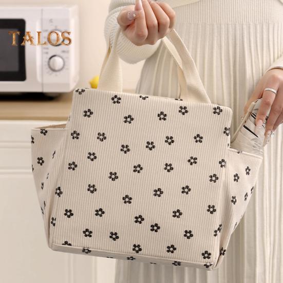 Corduroy Lunch Bag with Handle Waterproof Large Capacity Reusable Insulated Lunch Box Water Bottle Holder with Side Pockets