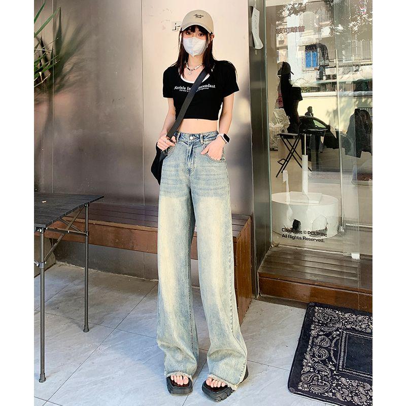 

American Washed High Street Loose Pants Women s Small 2025 Summer Frayed Edge Stylish Niche Style Slimming Jeans Retro Blue pants 155-165 XL