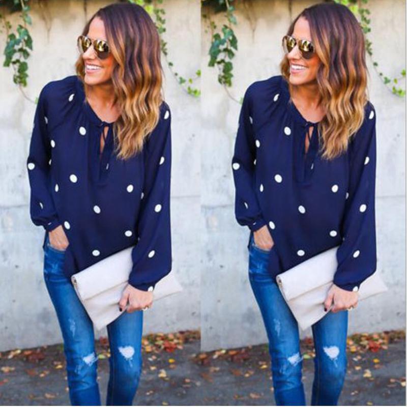 Premium Quality Woman O Neck Long Sleeve Casual Polka Dot Blue Blouse For Everyday Comfort
