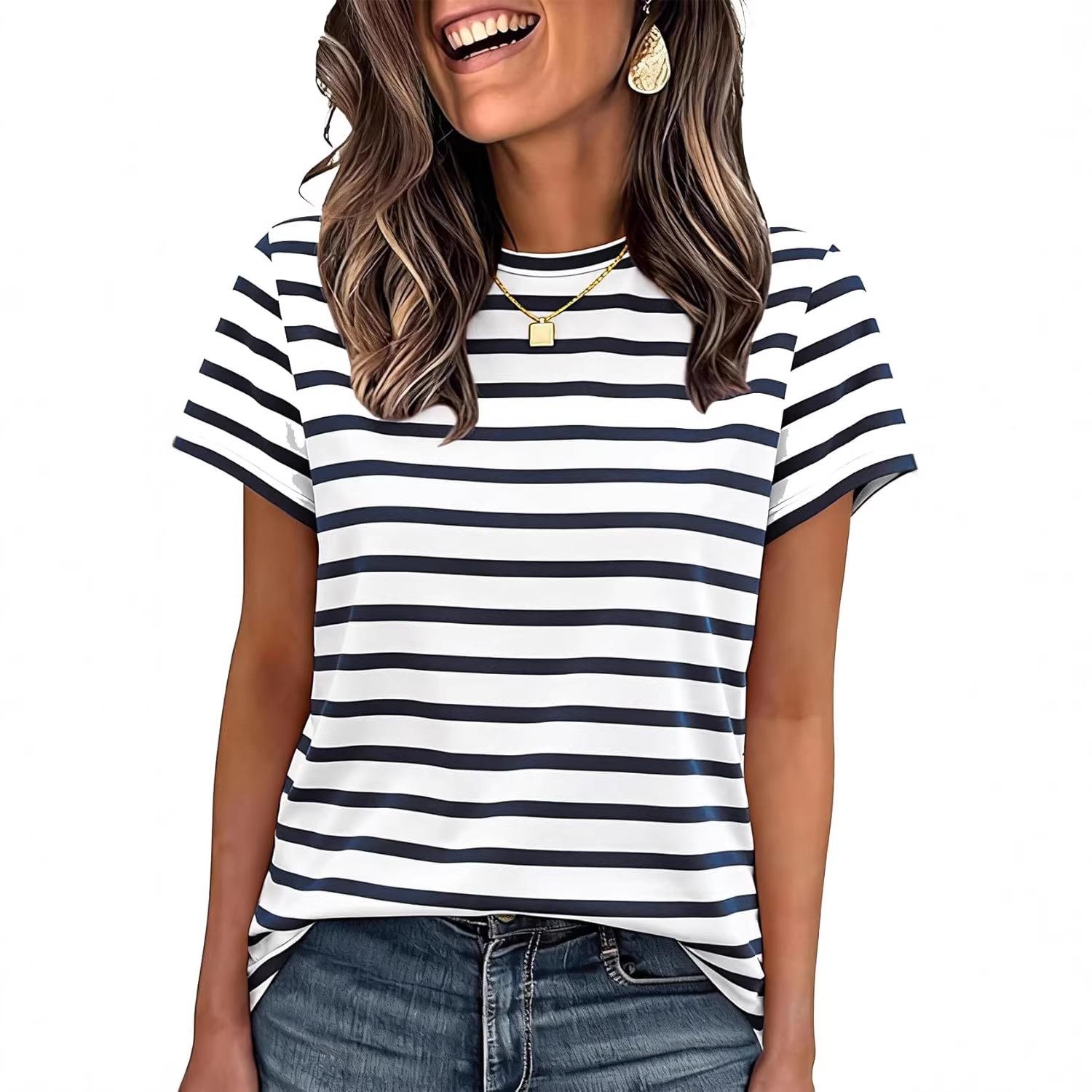 

Women s Summer Casual Striped Short Sleeve T-Shirt Crew Neck Regular Fit Basic Daily Wear Fashion Top S білий