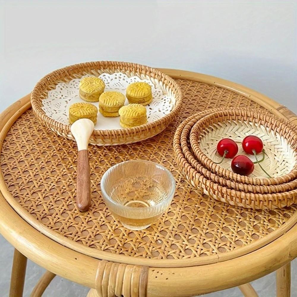 Multi-purpose 5 Sizes Bamboo Fruit Basket Round Shape Handmade Snack Basket Brown Beige Color Tea Snack Tray