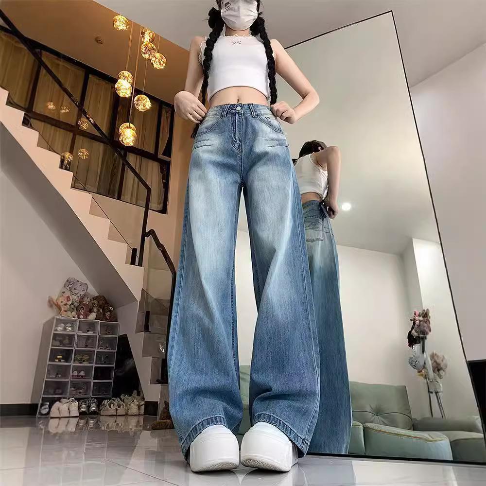 women s Vintage Washed Wide Leg Jeans High Waisted Loose Straight Denim Trousers Streetwear S синий