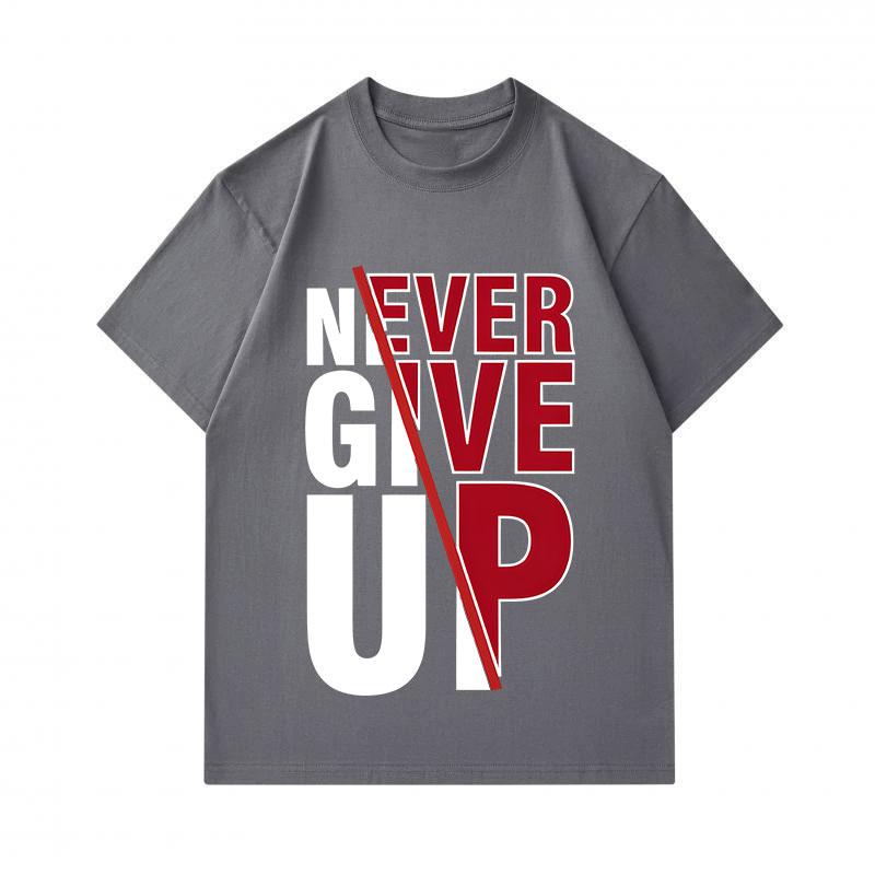 Men's 100% Cotton Crew Neck Short Sleeve T-Shirt, Classic Never Give Up Motivational Print Casual Soft Breathable Tee For Daily Wear, Regular Fit Ligh