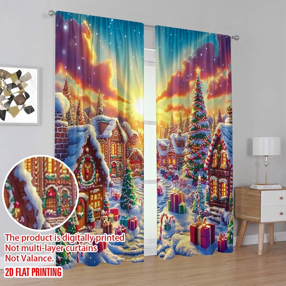 2pcs,2D plane printing Curtain Fabric Christmas candy wonderland (2) Versatile Polyester (without rod) Decorations Outdoor for