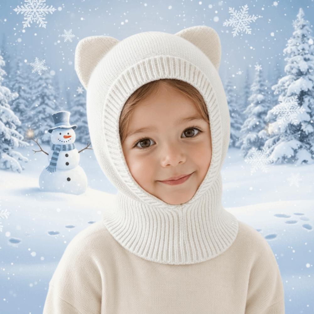 Woolen Knit Winter Balaclava Hat Solid Color Hooded Beanie  for 2-6 Y Boys and Girls