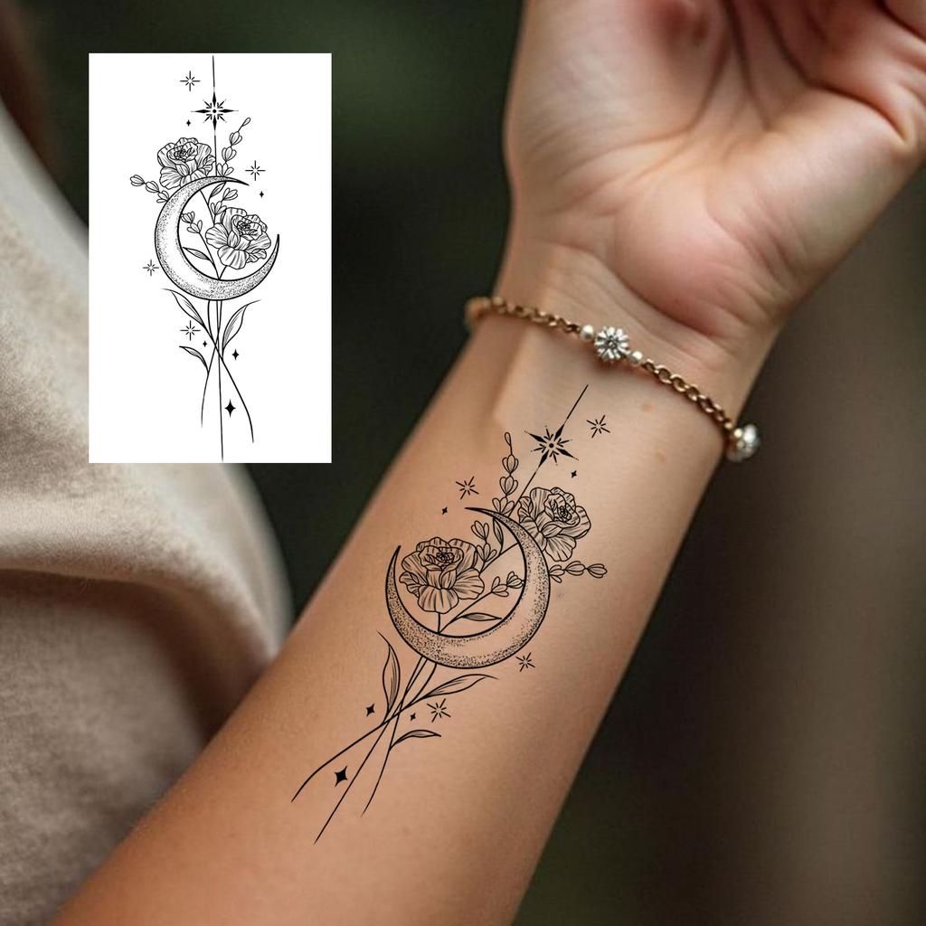 1 Sheet Crescent Sun Chain Temporary Tattoos For Women Hands Neck, Fake Tattoo Stickers Waterproof Long Lasting Realistic Tatoos