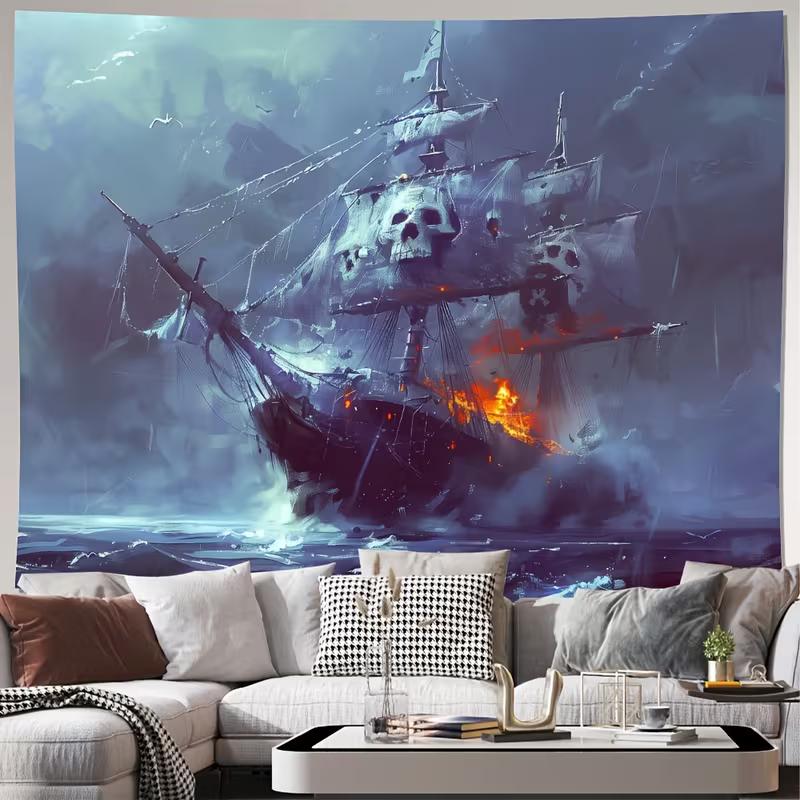 

2D Spooky Ghost Pirate Ship Tapestry, Stormy Sea Wall Hanging for Dorm Bedroom 47.2x31.5inch/120*80cm