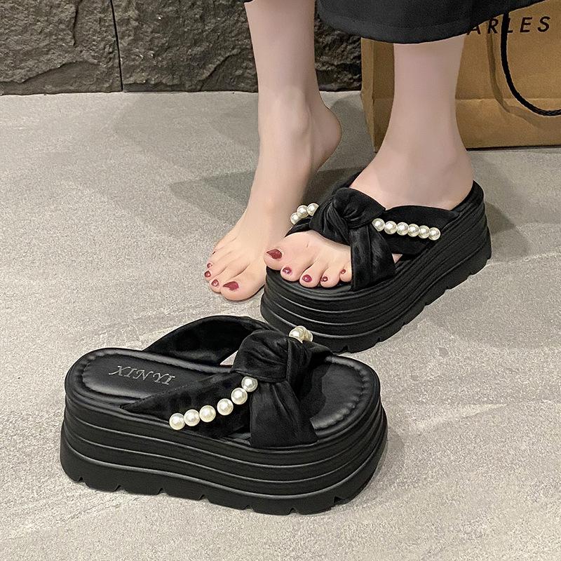 2025 Spring and Summer New Cool Slippers Muffin Thick Bottom Small Man Height Increase Bow Pearl Super High Thick Bottom Fashion Drag