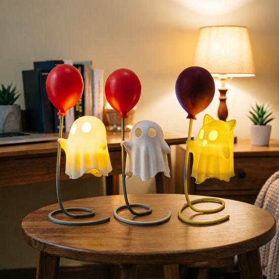 Cute Ghost Figurine with Balloon, Warm LED Ghost Night Light, Halloween Decoration for Bedroom Desk Table Centerpiece Cozy Ornament Gift
