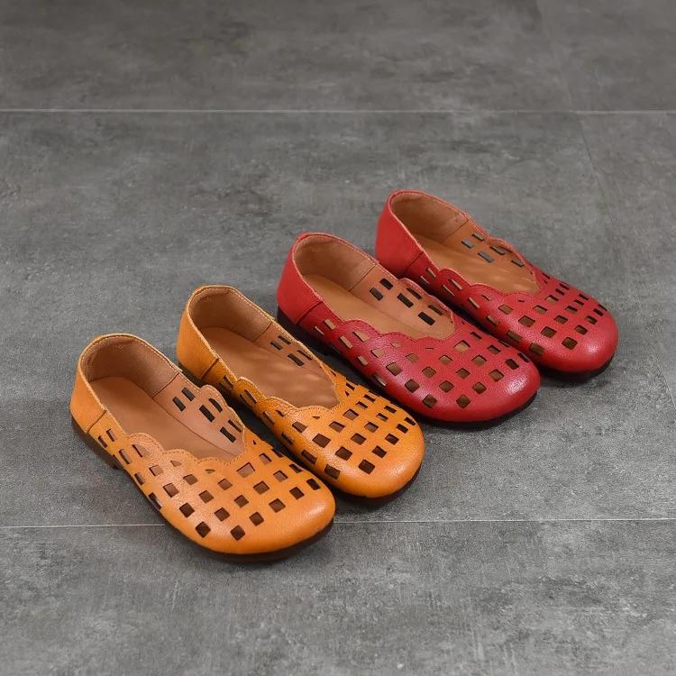 Johnature Genuine Leather Slip-on Shoes Hollow Out Breathable Soft Bottom Women's Flat Sandals