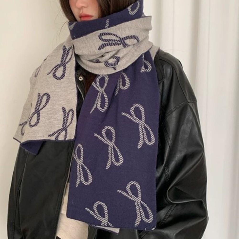 Korean Style Imitation Wool Scarf Two-sided Winter Shawl Fashion Bow Scarf  Gift