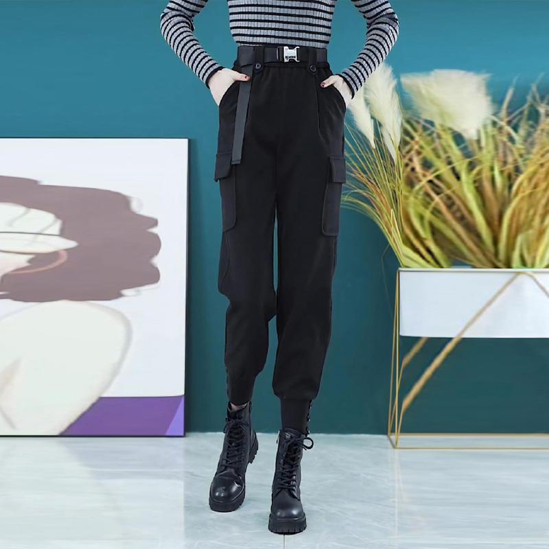 

Женские шерстяные брюки карго на флисовой подкладке - гаремного стиля с высокой посадкой и кулиской на щиколотке, идеально подходят для осени/зимы 2024 M