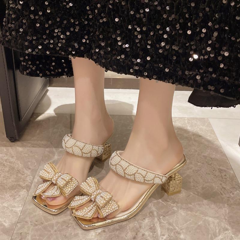 

Summer High Heel Modern Slippers Outside Square Heel 2024 High Quality Shoes Female Solid Butterfly-knot Sexy Women s Slippers