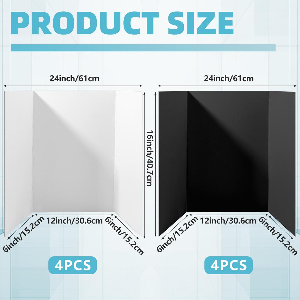8Pcs Trifold Display Boards Black+White 24X16In Tri Fold Poster Board Hard&Thick White Presentation Cardboard For Classroom Proj