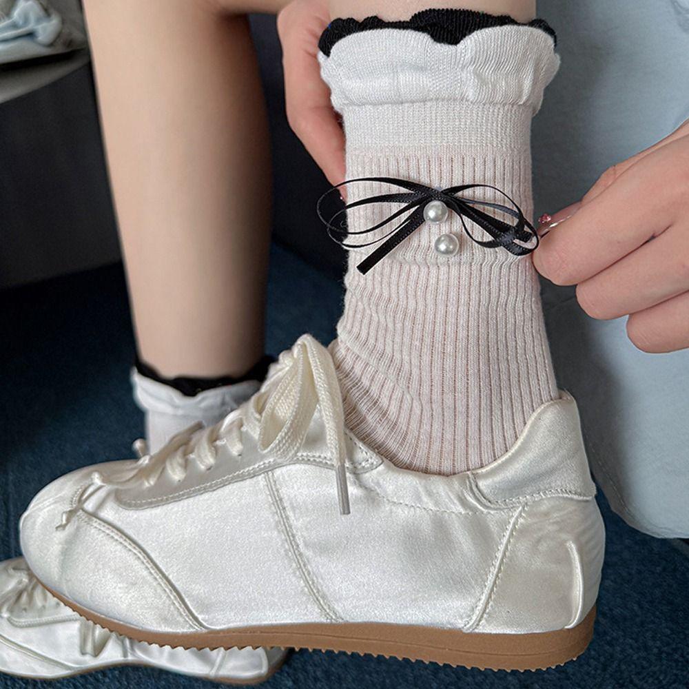Breathable Socks Sweat Absorption Ruffle Socking Fashion Mid Tube Socks  for Women