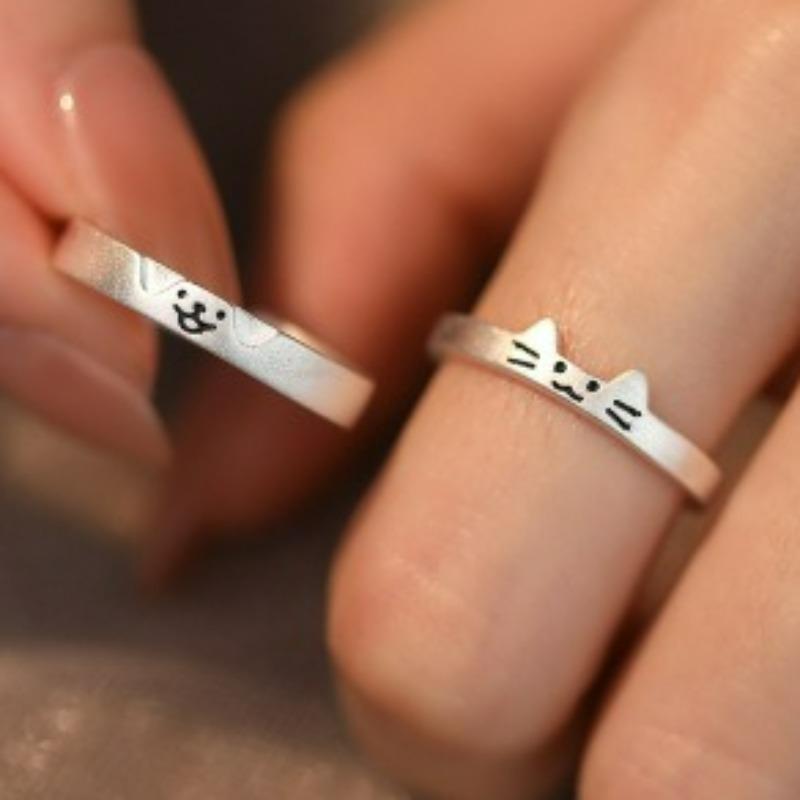 2pcs New Kawaii Cartoon Cat Dog Couple Ring for Women Men Couples Valentine's Day Lover Rings Korean  Jewelry Party Gifts