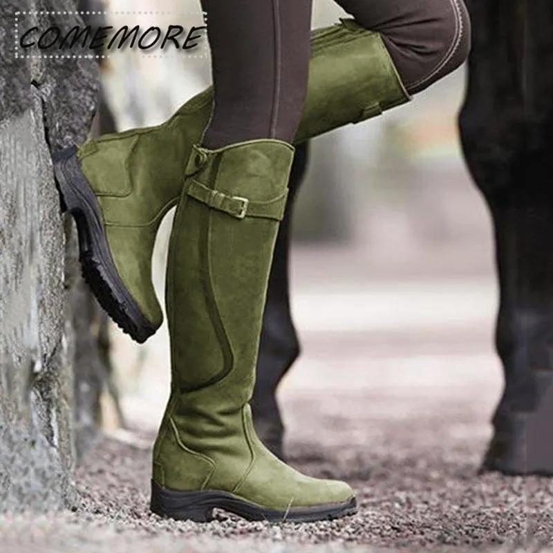 Women Boots PU Leather Zipper Retro Casual Womans Designer Booties Gladiator Low Heel Shoes Ladies Fashion Long Botas Mujer