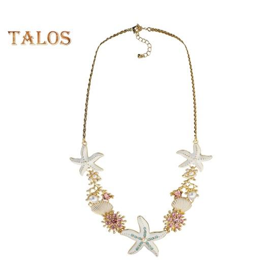 Exaggerated Women Necklace Ocean Theme Starfish Coral Shell Hollow Out Faux Pearl Rhinestone Decor Adjustable Length Lady Vacation Beach Neck Jewelry