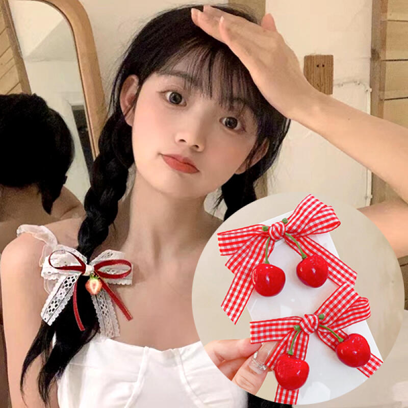 [Set] Strawberry Nose Cute Sweet Ribbon Hair Clip Point Pin Option 1