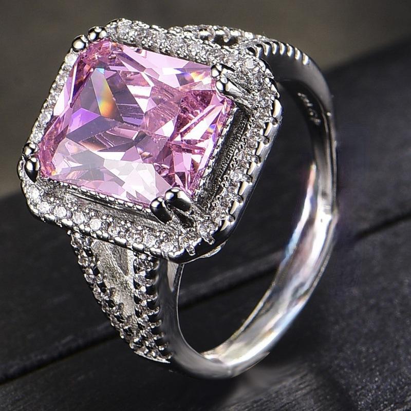 Huajie Charming Pink Square Zircon Shining Women's Rings Wedding Engagement Party Gift Ring Dazzling  Trend