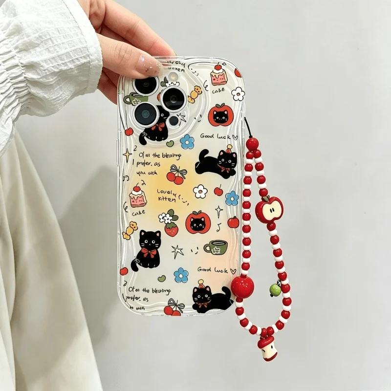 Cute Cat With Apple Fruit Chain Case For Google PIXEL 7 8 9 10 Pro XL 7A 8A Soft Silicone Wave Side Cartoon Cover