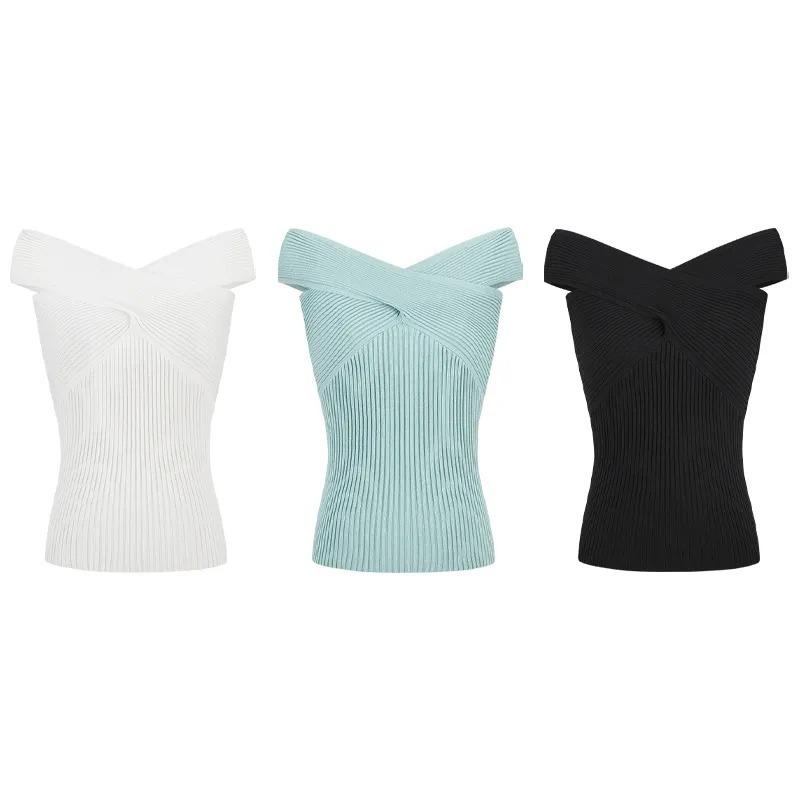 

Women s Cross V Neck Ribbed Knit Tank Top Sleeveless Slim Fit Casual Crop Top S білий