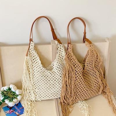 Fringe Openwork Woven Tote Bag Women's Shoulder Handbag