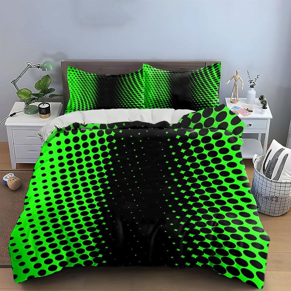 3Pcs Green Gradient Dot Bedding Set, Abstract Optical Pattern Duvet Cover + 2 Pillowcases,Single Double King Queen, Gift