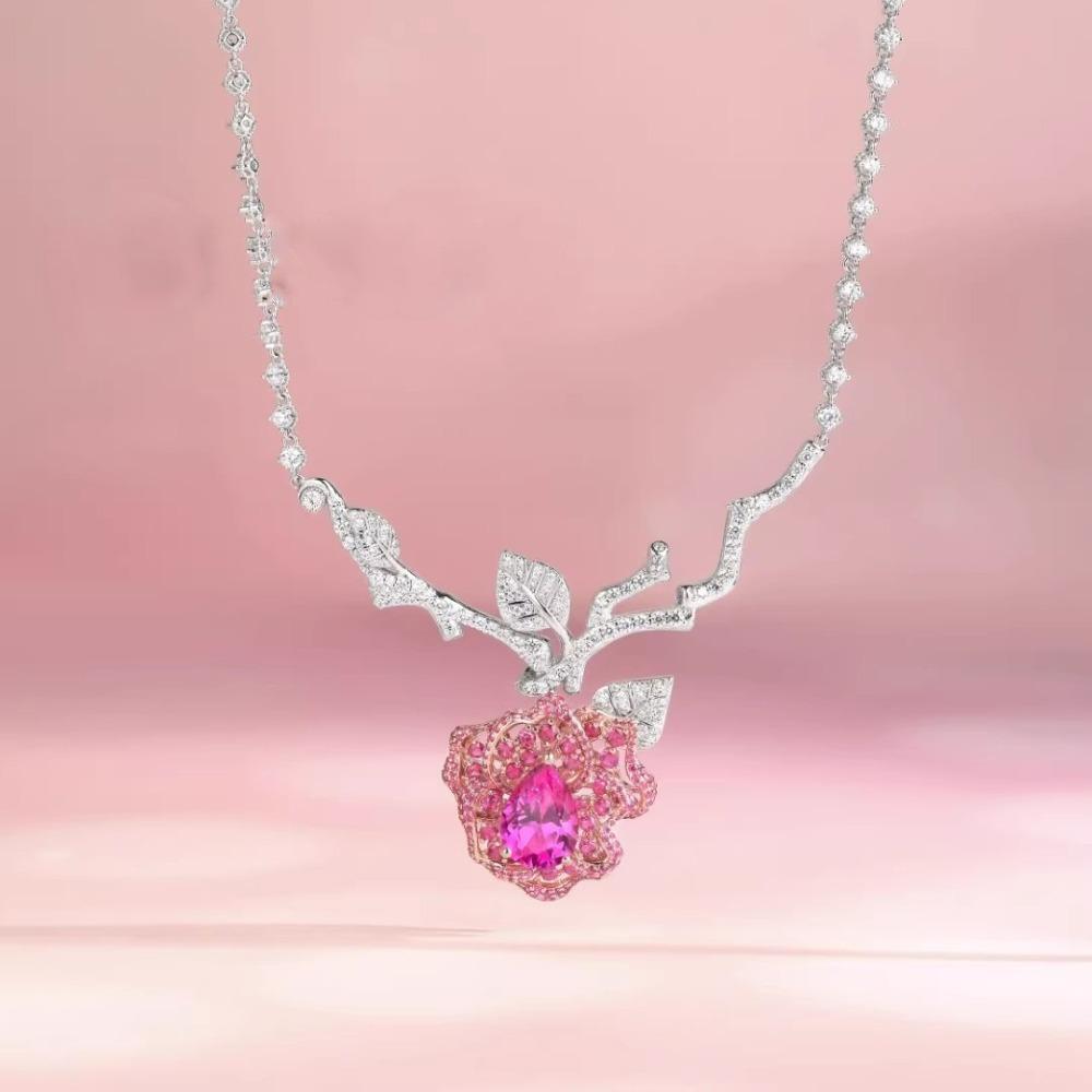 Women's Luxury Bracelet Set with Red Corundum Rose Necklace Gemstone Earrings Camellia Bangle