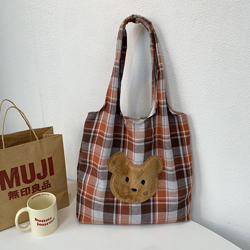 

Brown Plaid Bag Women s Hundred Large Capacity Bear Bag Embroidery Bags