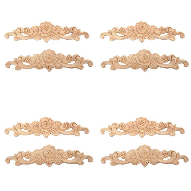 

8Pcs 20 X 5Cm Wood Carved Long Onlay Applique Unpainted Rose Flower Door Home Decor European Style