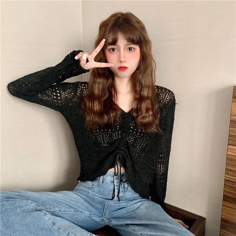 

Женские вязаные топы в корейском стиле, весна-лето, свободные плиссированные короткие топы ярких цветов с v-образным вырезом и завязками XL чёрный