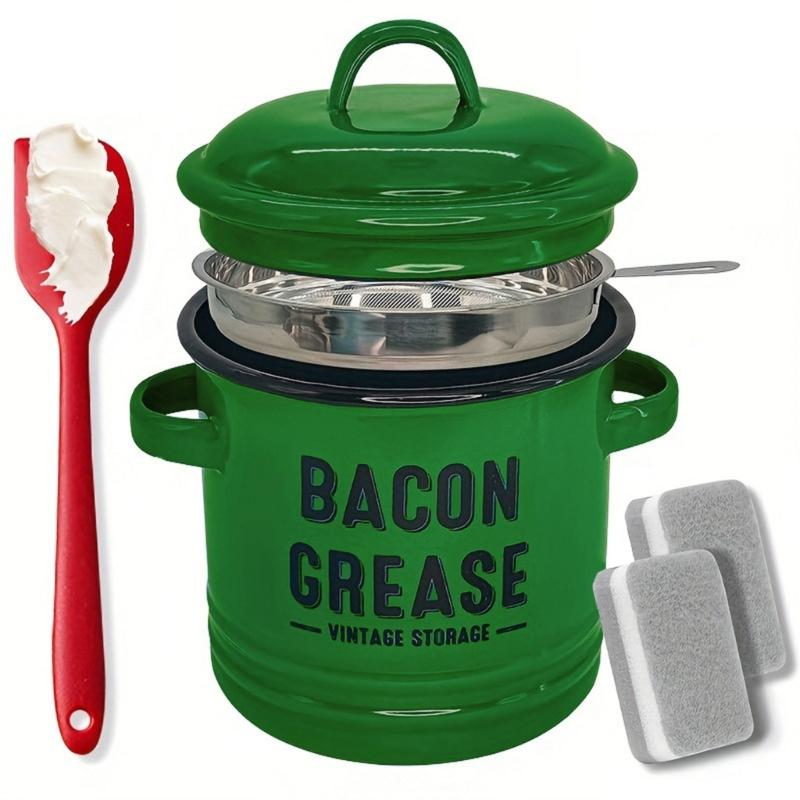 652F Enamel Bacons Grease Storage Container Jar with Strainer And Silicone Spatula Tool For Flavor Preserving Fat Keeper Box