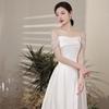 French Light Wedding Dress Satin Toast Dress Bride Wedding White Evening Dress Banquet One-word Shoulder Simple Temperament Travel Photography