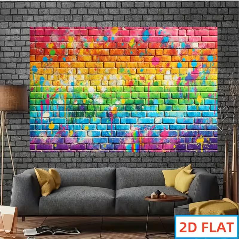 2D Colorful Graffiti Tapestry, Rainbow Brick Wall with Paint Splatter Wall Hanging