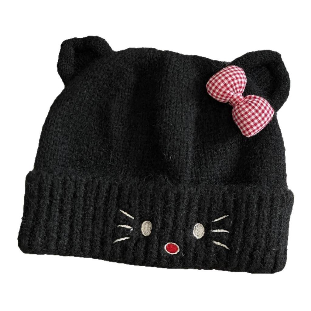 Cat Cartoon Knitted Hat With Embroidered Butterfly Bow For Winter Warmth And Windproof Comfort