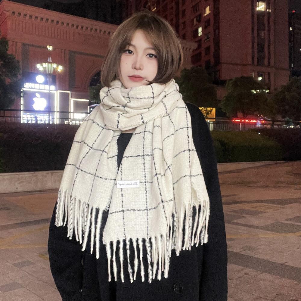 Solid Color Plaid Wool Scarf Cashmere Shawl Long Shawl Elegant Winter Cashmere Scarves  Student