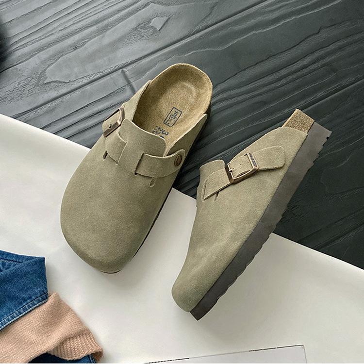 Thick-soled Leather Boken Shoes Women's Cork Heightening Slippers Flat-soled Fishing Boken Shoes Korean Version Retro Bag Head Half Slippers