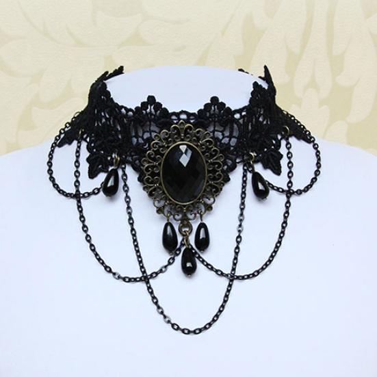 Women Retro Gothic Black Chokers Lace Hollow Chain Collar Fashion Necklace