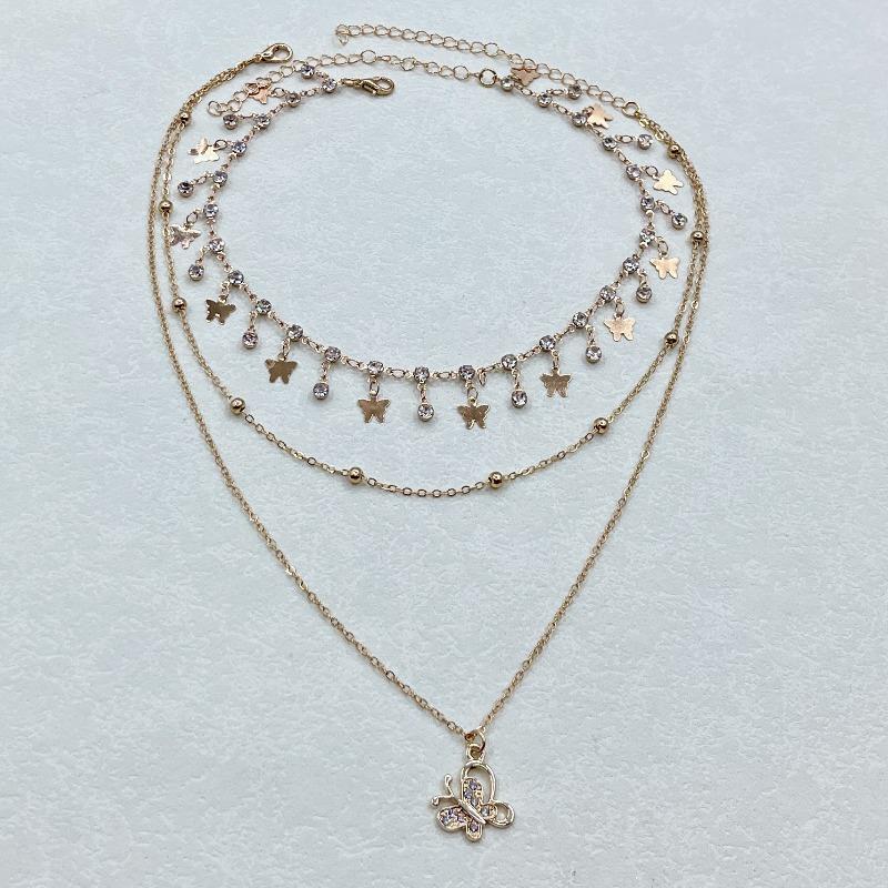 Punk style diamond butterfly pendant necklace for women - vintage layered alloy choker
