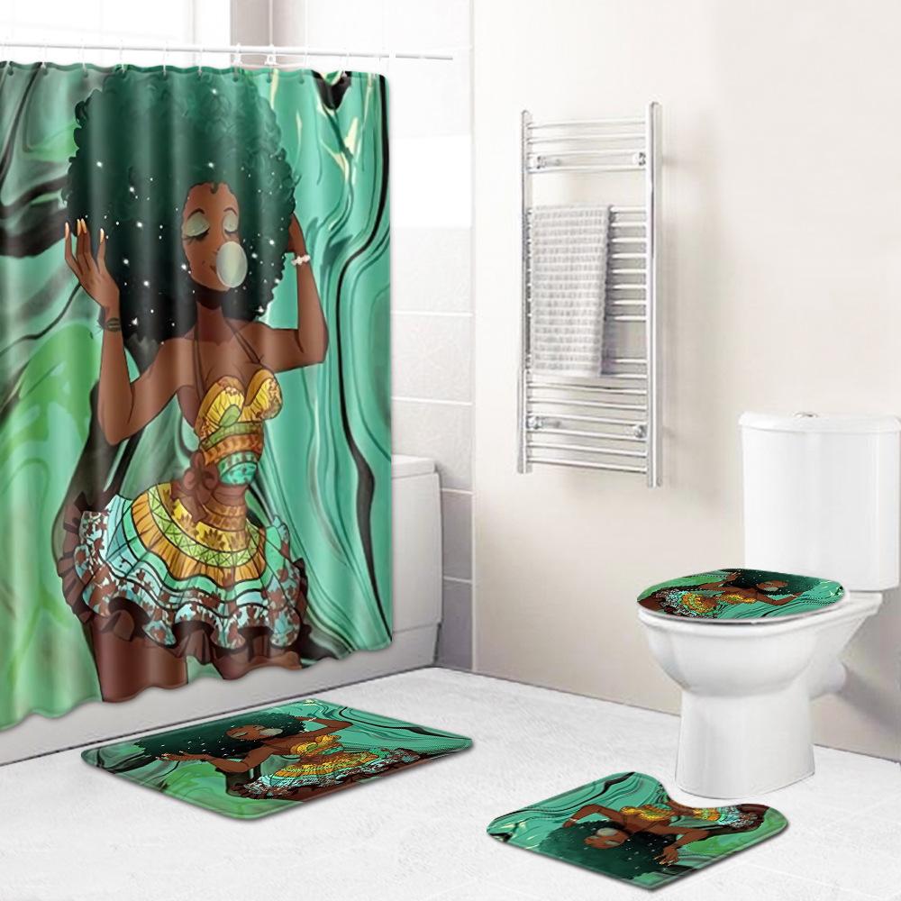 Creative Shower Curtain Floor Mat Combination Four-Piece Set Bathroom Toilet Carpet Shower Room Mat Foot Mat