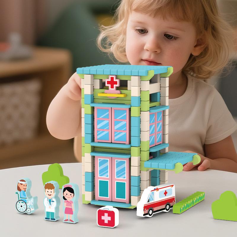 Children's Wooden Luban Tenon and Mortise Colorful Scenes Build Wood Houses Parent-child Interactive Games Educational Toys